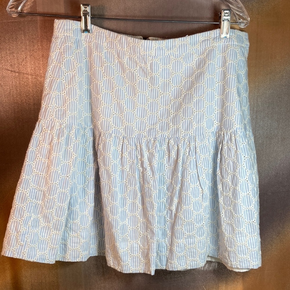 J. Cree light blue striped mini skirt. 28” waist. 17” length. Size 2. 130 Lolita